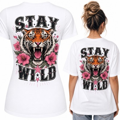 Koszulka damska tygrys w kwiatach hibiskusa „Stay wild” - duży nadruk na plecach
