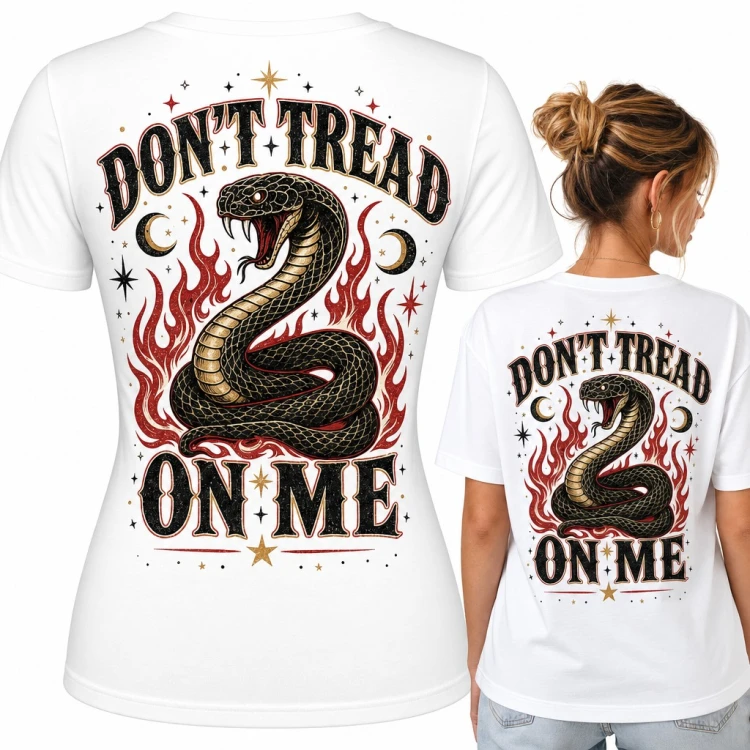 Koszulka damska z kobrą w płomieniach „Don't tread on me” - duży nadruk na plecach