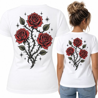 Koszulka damska z czerwonymi różami w stylu tattoo - duży nadruk na plecach