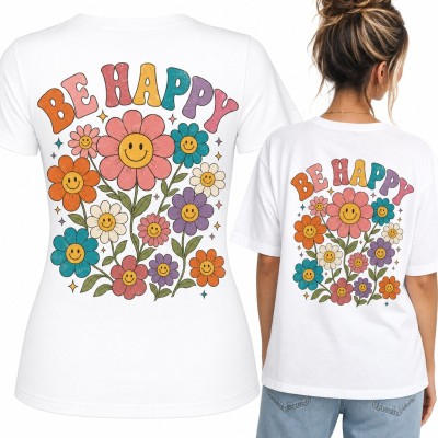 Koszulka damska „Be Happy” z uśmiechniętymi kwiatami retro - duży nadruk na plecach
