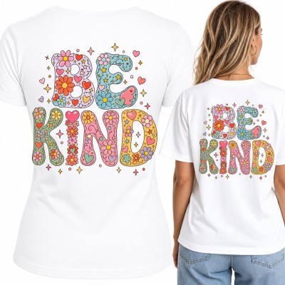 Koszulka damska „Be kind” z kwiatami i serduszkami - duży nadruk na plecach