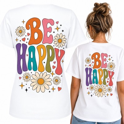 Koszulka damska „Be happy” w stylu groovy ze stokrotkami - duży nadruk na plecach
