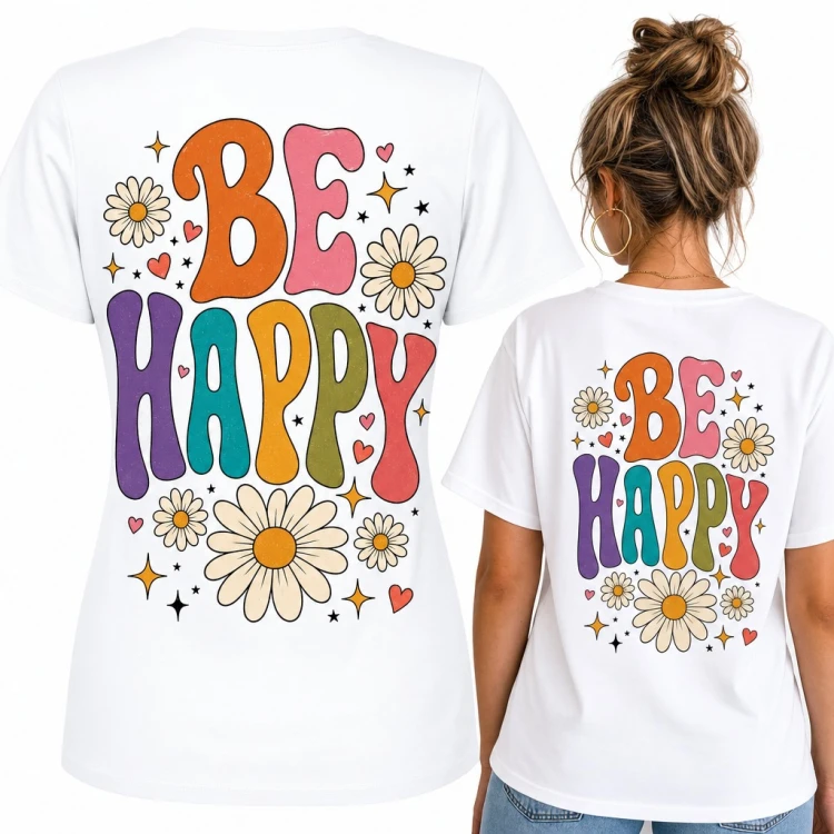 Koszulka damska „Be happy” w stylu groovy ze stokrotkami - duży nadruk na plecach