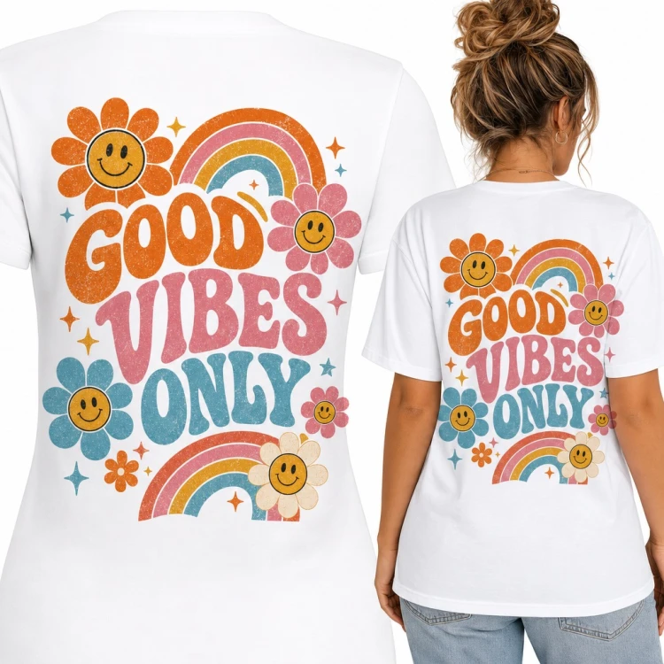 Koszulka damska „Good Vibes Only” - retro kwiatki z buźkami i tęcze - duży nadruk na plecach