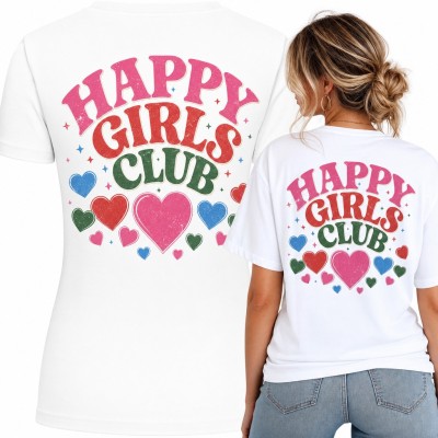 Koszulka damska „Happy Girls Club” z kolorowymi serduszkami - duży nadruk na plecach