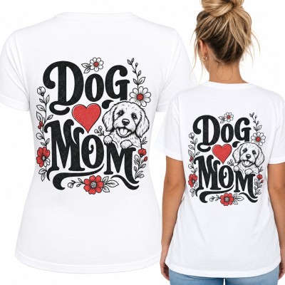 Koszulka damska „Dog mom” ze szczeniakiem, sercem i kwiatami - duży nadruk na plecach