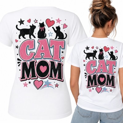Koszulka damska „Cat Mom” z trzema czarnymi kotami i serduszkami - duży nadruk na plecach