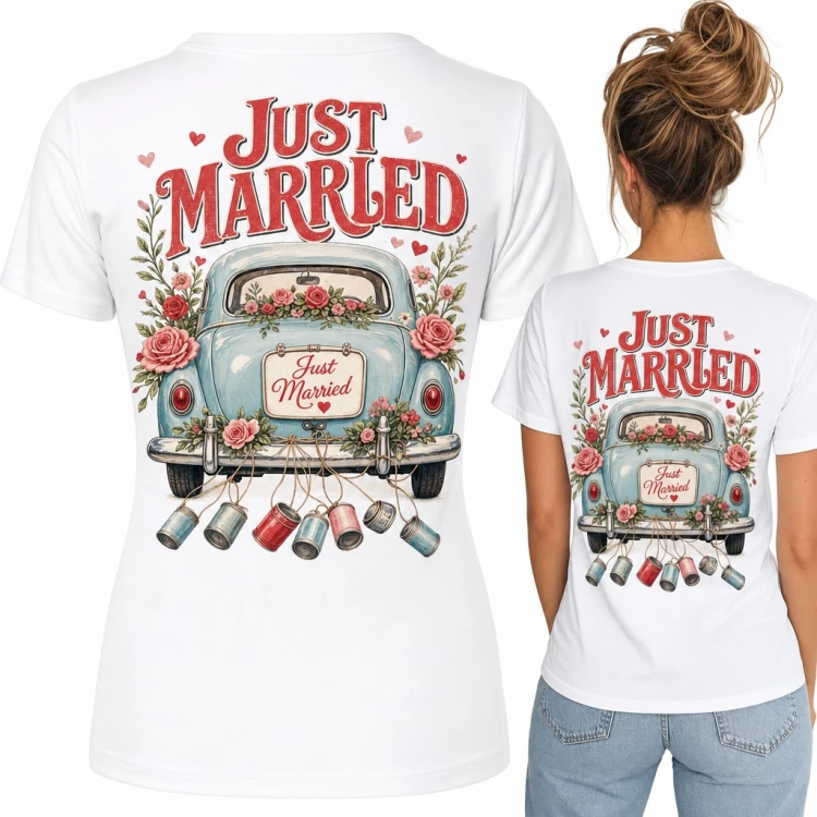 Koszulka damska „Just Married” z retro autem i puszkami dla panny młodej - duży nadruk na plecach