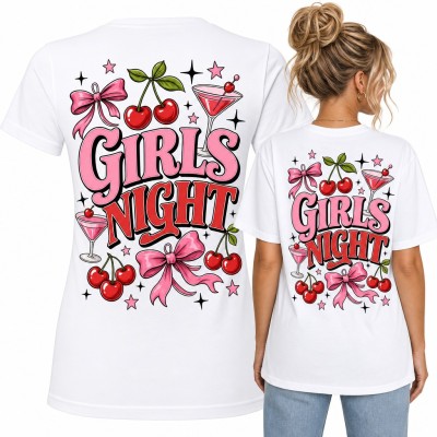 Koszulka damska „Girls Night” z wiśniami, kokardami i martini - duży nadruk na plecach