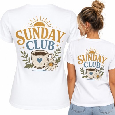 Koszulka damska z kawą i stokrotką „Sunday club” - duży nadruk na plecach