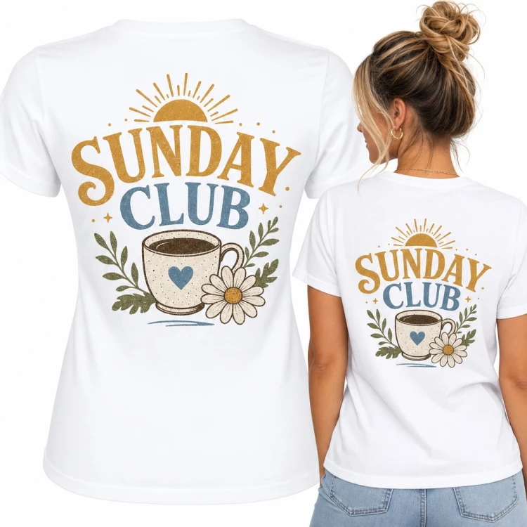 Koszulka damska z kawą i stokrotką „Sunday club” - duży nadruk na plecach