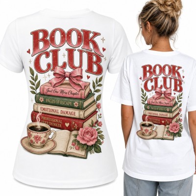 Koszulka damska „Book Club” ze stosem książek, kawą i różową kokardą - duży nadruk na plecach
