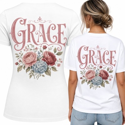 Koszulka damska „Grace” z piwoniami i hortensjami - duży nadruk na plecach