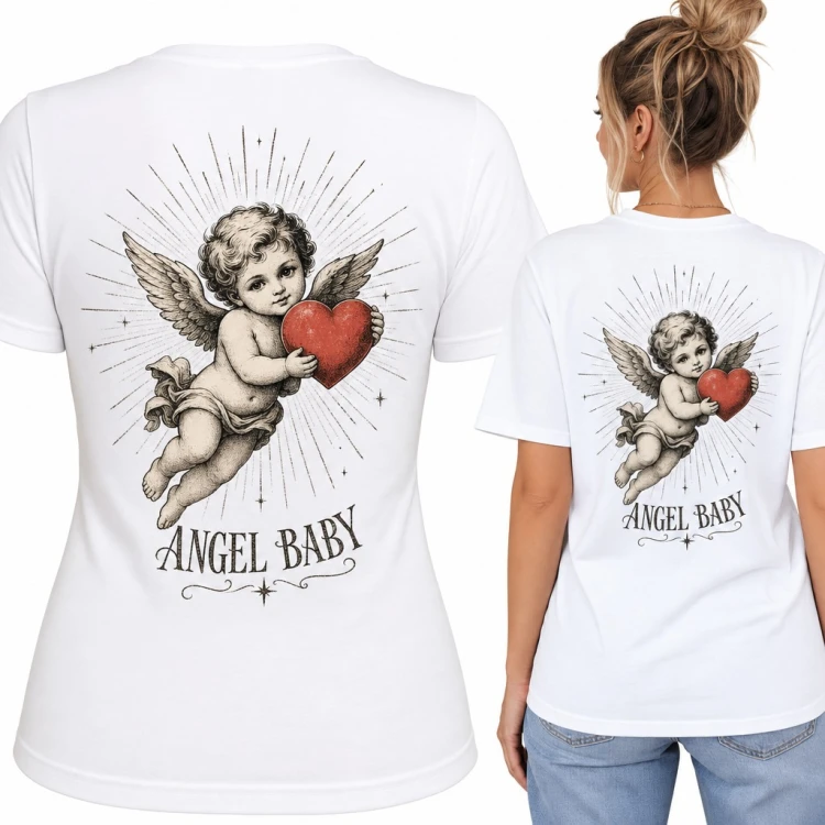 Koszulka damska aniołek amorek z sercem „Angel baby” - duży nadruk na plecach