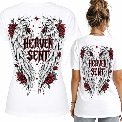 Koszulka damska „Heaven Sent” - anielskie skrzydła i czerwone róże - duży nadruk na plecach