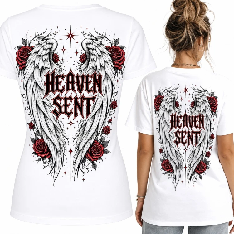 Koszulka damska „Heaven Sent” - anielskie skrzydła i czerwone róże - duży nadruk na plecach