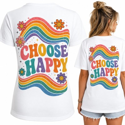 Koszulka damska „Choose Happy” - retro tęcza z uśmiechniętymi kwiatkami - duży nadruk na plecach
