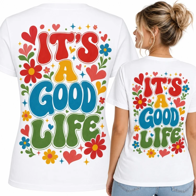 Koszulka damska „It's a good life” - retro kwiaty i serca - duży nadruk na plecach