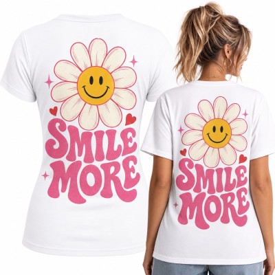 Koszulka damska stokrotka z uśmiechem „Smile more” w stylu groovy - duży nadruk na plecach