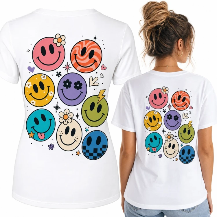 Koszulka damska z kolorowymi buźkami smile w stylu groovy - duży nadruk na plecach