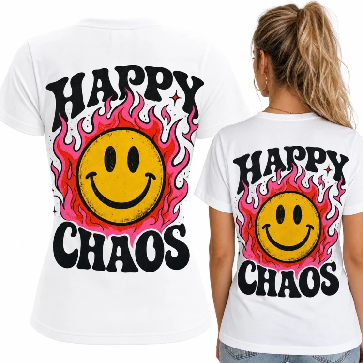 Koszulka damska „Happy Chaos” ze smiley w różowych płomieniach - duży nadruk na plecach