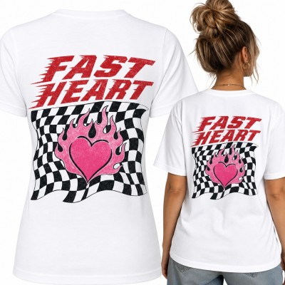 Koszulka damska „Fast Heart” - serce w płomieniach na fladze wyścigowej - duży nadruk na plecach