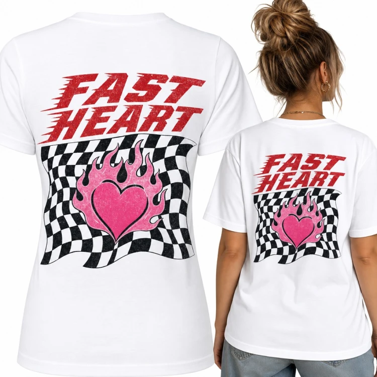 Koszulka damska „Fast Heart” - serce w płomieniach na fladze wyścigowej - duży nadruk na plecach