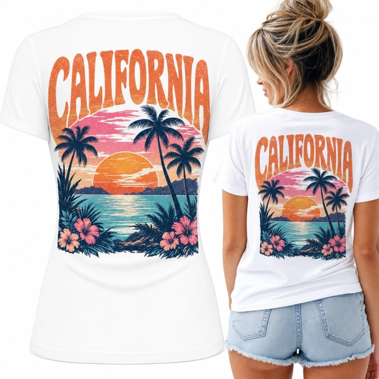 Koszulka damska „California” z palmami i zachodem słońca - duży nadruk na plecach