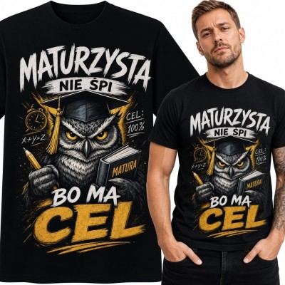 Koszulka męska dla maturzysty z sową - „Maturzysta nie śpi, bo ma cel”