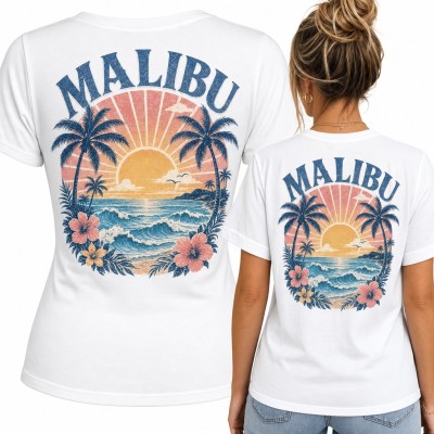 Koszulka damska „Malibu” - zachód słońca, palmy i hibiskus - duży nadruk na plecach
