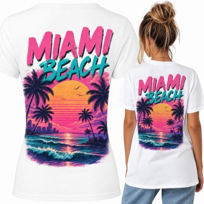 Koszulka damska „Miami Beach” z palmami i zachodem słońca w stylu retro - duży nadruk na plecach