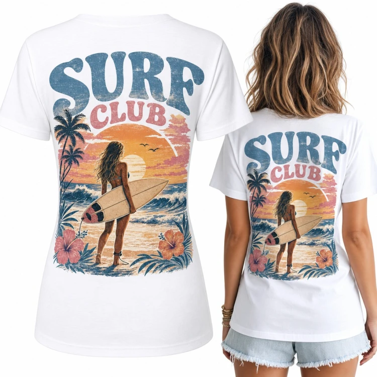 Koszulka damska „Surf Club” surferka z deską o zachodzie słońca - duży nadruk na plecach