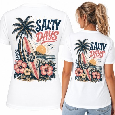 Koszulka damska surfing „Salty Days” z palmą i hibiskusami - duży nadruk na plecach