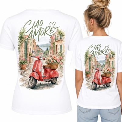 Koszulka damska „Ciao amore” - włoski skuter z kwiatami - duży nadruk na plecach