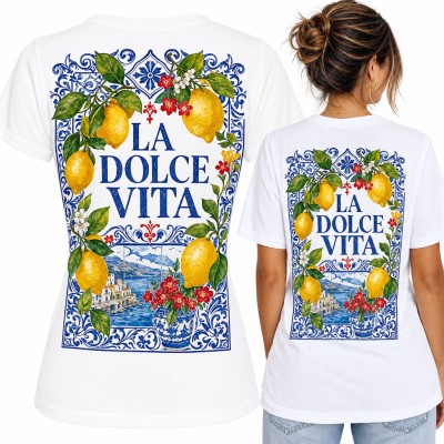 Koszulka damska „La Dolce Vita” z cytrynami i włoską majoliką - duży nadruk na plecach