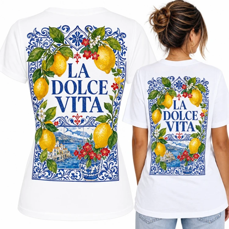 Koszulka damska „La Dolce Vita” z cytrynami i włoską majoliką - duży nadruk na plecach