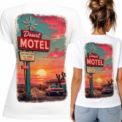 Koszulka damska „Desert Motel” - retro neon i pustynna droga - duży nadruk na plecach