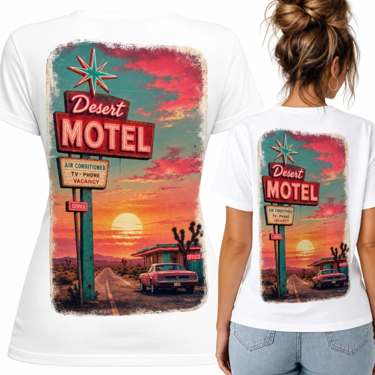 Koszulka damska „Desert Motel” - retro neon i pustynna droga - duży nadruk na plecach
