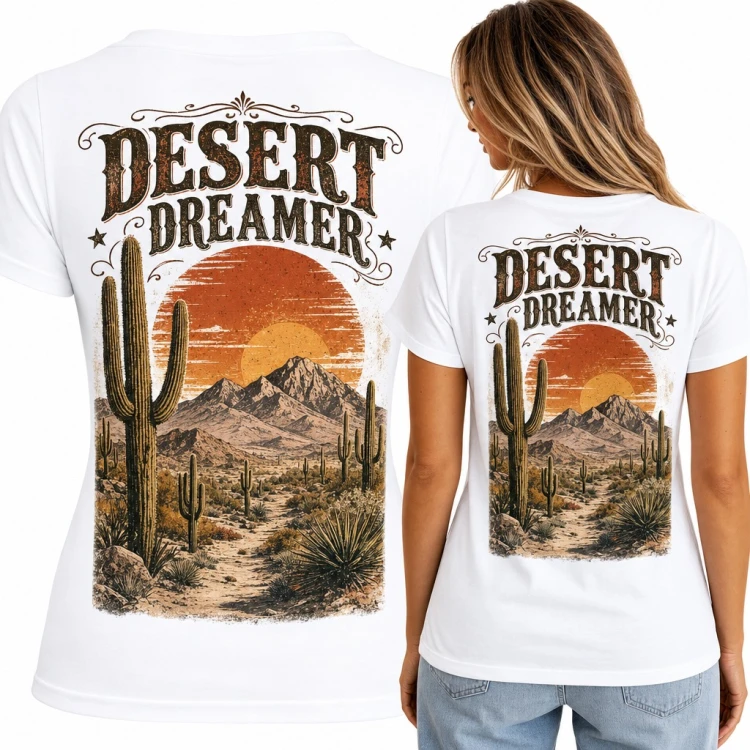Koszulka damska „Desert Dreamer” z kaktusami saguaro i zachodem słońca - duży nadruk na plecach