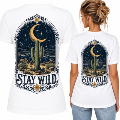 Koszulka damska kaktus na pustyni pod księżycem „Stay wild” - duży nadruk na plecach