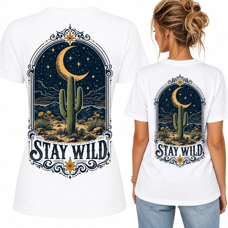 Koszulka damska kaktus na pustyni pod księżycem „Stay wild” - duży nadruk na plecach