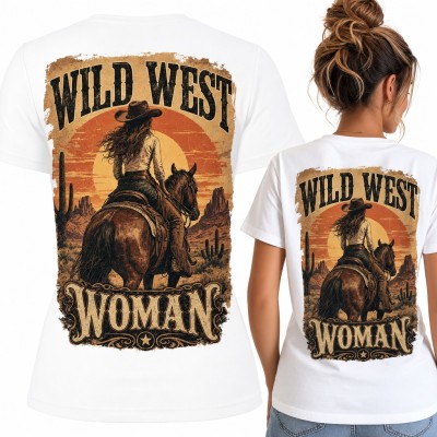 Koszulka damska kowbojka na koniu „Wild West Woman” - duży nadruk na plecach