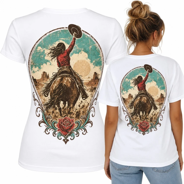 Koszulka damska cowgirl na koniu z różą w stylu western - duży nadruk na plecach