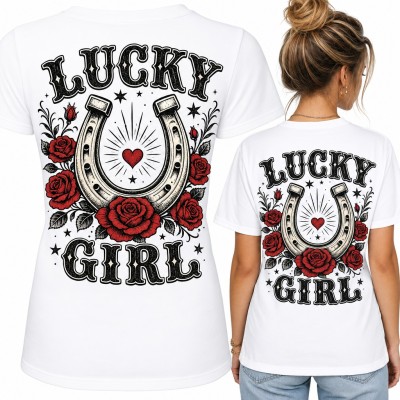 Koszulka damska „Lucky Girl” z podkową i czerwonymi różami - duży nadruk na plecach