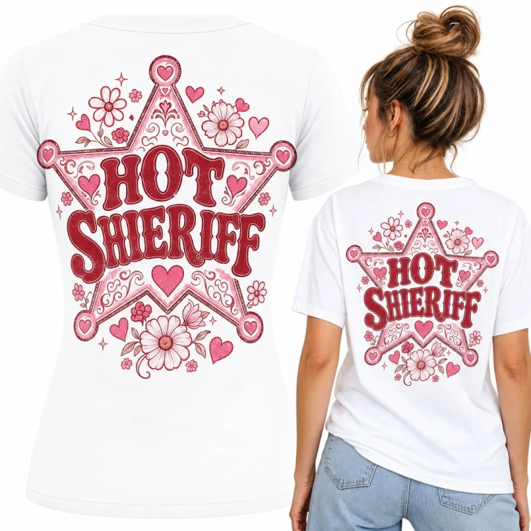 Koszulka damska „Hot Shieriff” - różowa gwiazda szeryfa w stylu cowgirl - duży nadruk na plecach