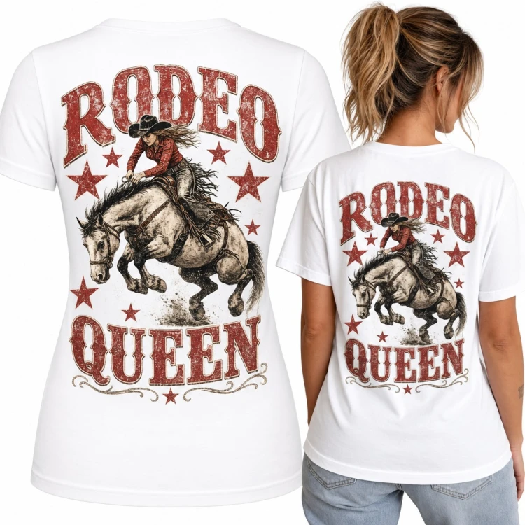 Koszulka damska „Rodeo Queen” z kowbojką na koniu - duży nadruk na plecach