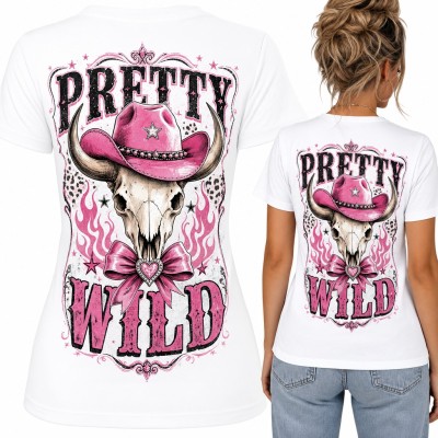 Koszulka damska cowgirl „Pretty wild” z czaszką byka w różowym kapeluszu - duży nadruk na plecach