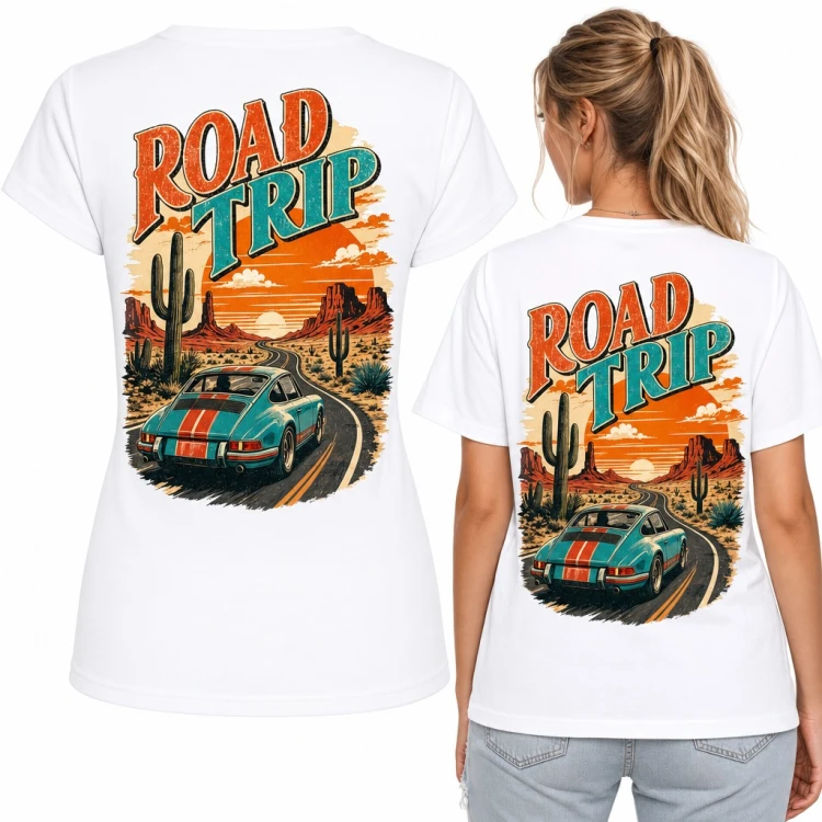 Koszulka damska „Road trip” - retro auto na pustynnej drodze - duży nadruk na plecach