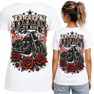 Koszulka damska motocykl chopper w różach „Born to ride” - duży nadruk na plecach
