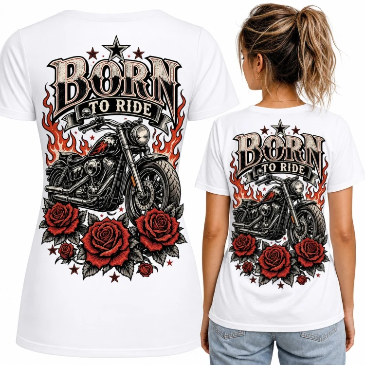 Koszulka damska motocykl chopper w różach „Born to ride” - duży nadruk na plecach